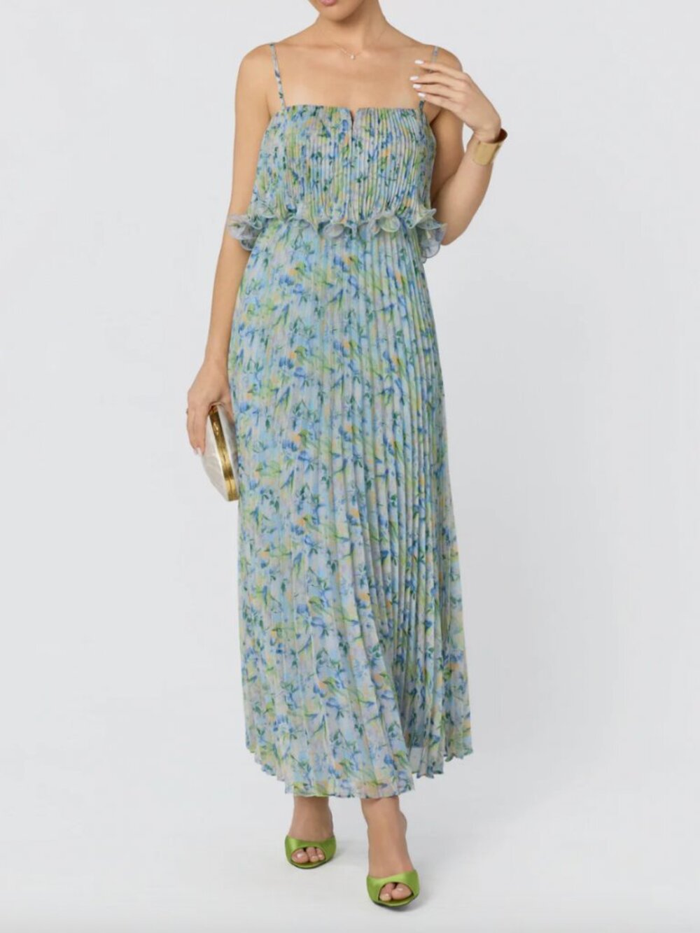 NWT ASTR the Label MEDIUM Makennah Plissé Floral Maxi Dress in Blue/Green